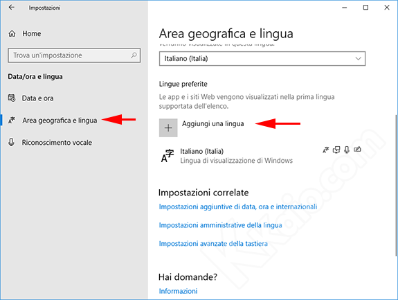 Impostazioni lingua di Windows 10