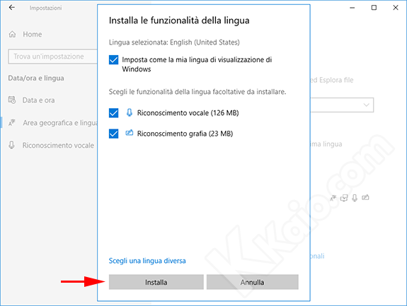 Installazione funzionalità lingua Windows 10