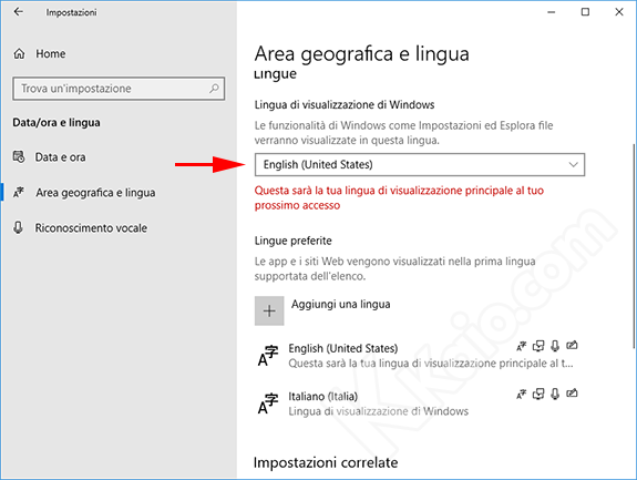 Impostare lingua predefinita Windows 10