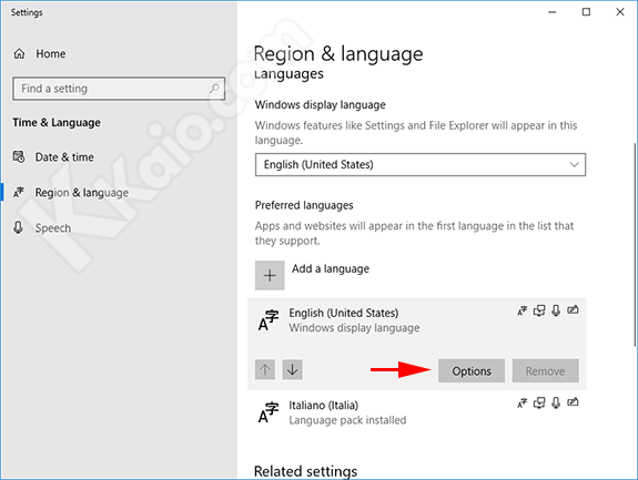 Opzioni lingua Windows 10