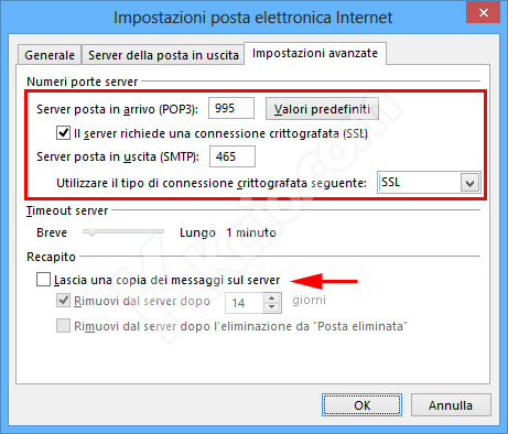 Outlook 2013 - Impostazioni avanzate porte POP3 e SMTP