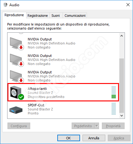 Configurazione altoparlanti audio Windows 10