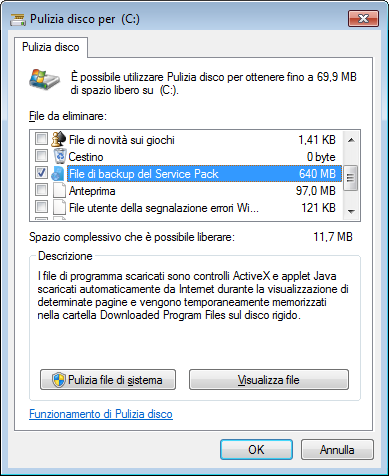 Pulizia file del Service Pack 1 per Windows 7 da pulizia disco