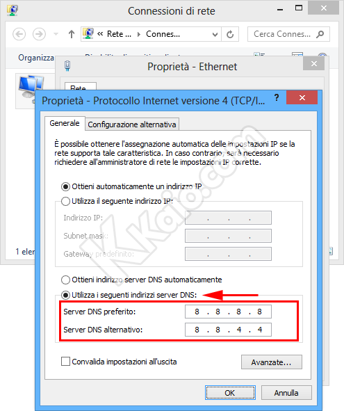 Cambiare server DNS in Windows 8 - Proprietà TCP/IP