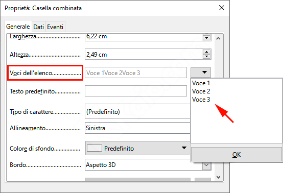 Proprieta casella combinata LibreOffice Writer