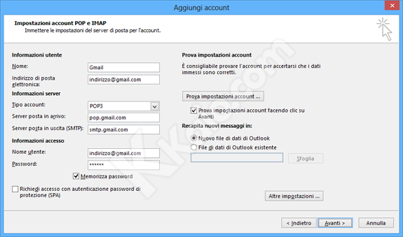 Outlook 2013 - Impostazioni POP3 Gmail