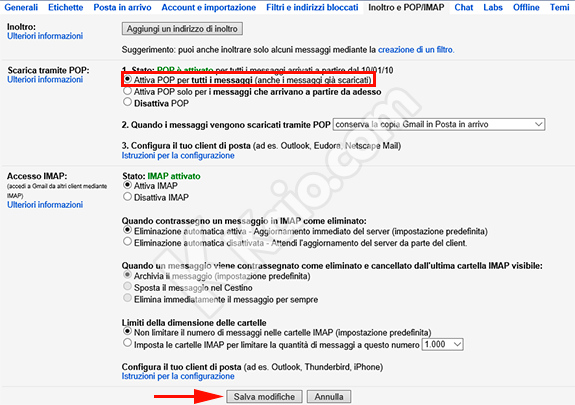 Impostazioni POP di Gmail