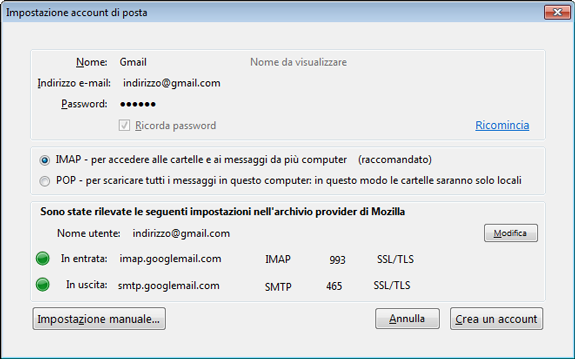 Mozilla Thunderbird - nuovo account