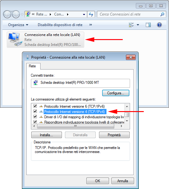 Cambiare l'indirizzo IP statico/dinamico in Windows 7