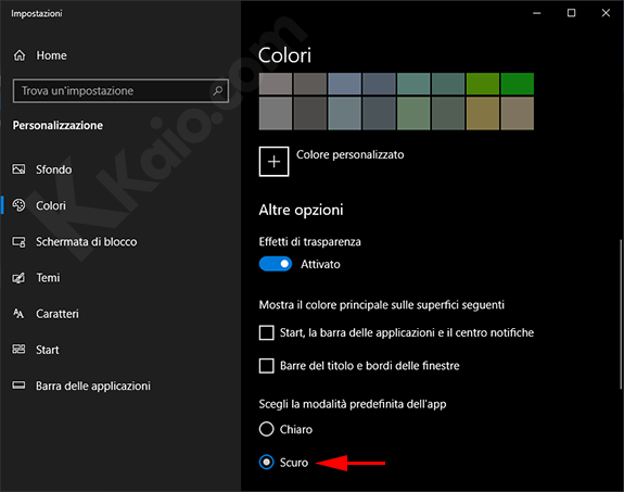 Impostare il tema scuro in Windows 10