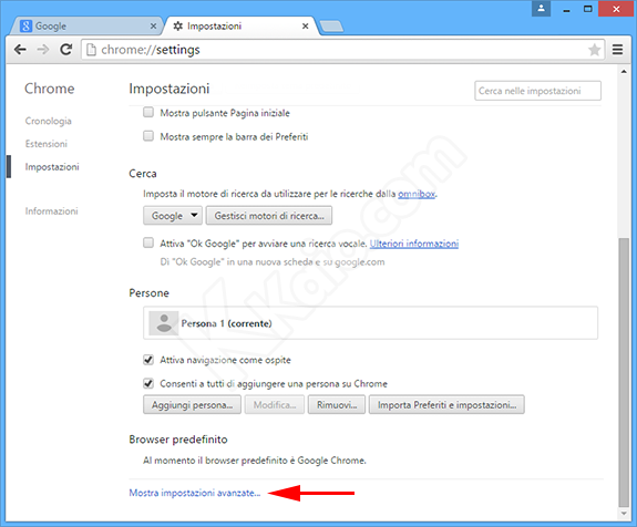 Schermata Impostazioni di Google Chrome