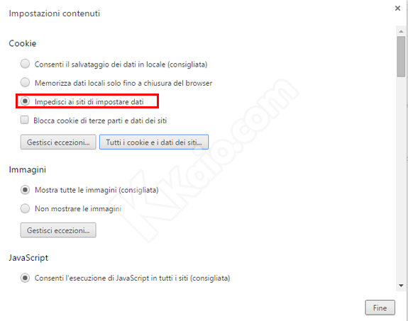 Impostazioni Cookie di Google Chrome