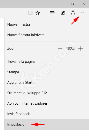 Menu opzioni di Edge