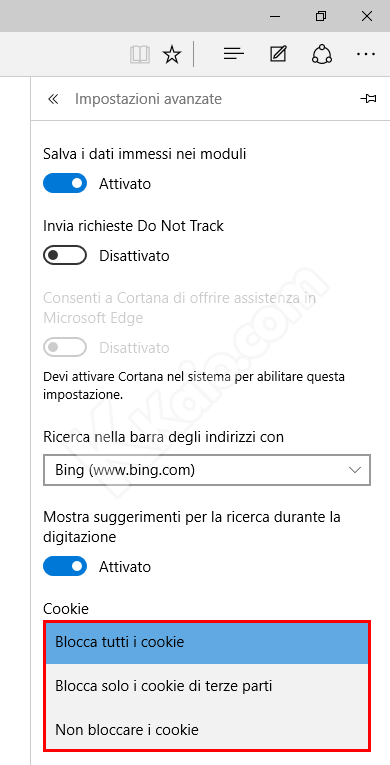 Bloccare i cookie con Edge