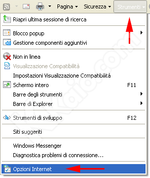 Men&ugrave; di Opzioni di Internet Explorer 8