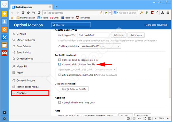 Impostazioni avanzate di Maxthon