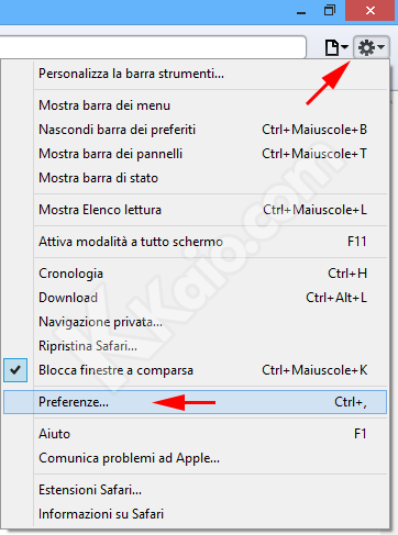 Menu di Apple Safari per Windows