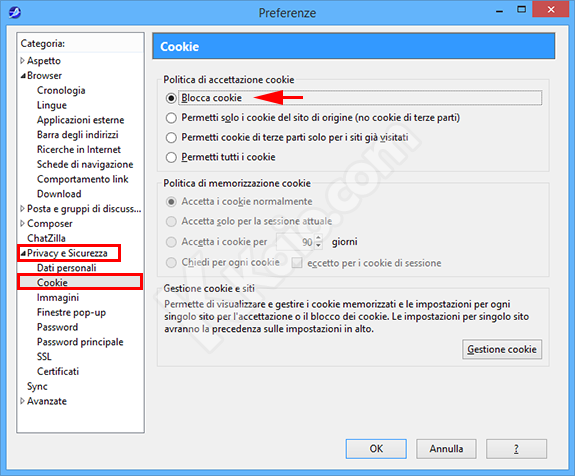 Impostazioni privacy di SeaMonkey