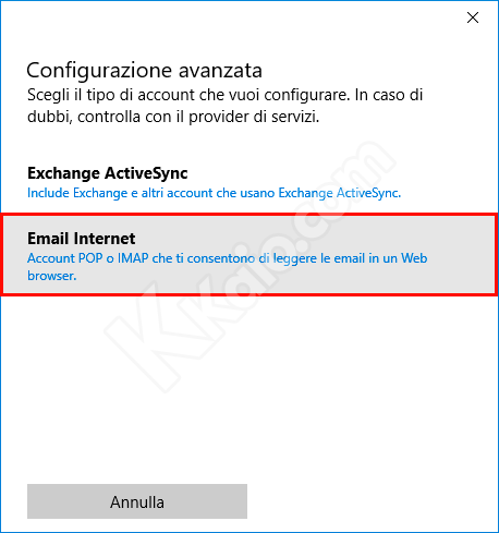 Configurazione Gmail POP3 nell'app Posta di Windows 10