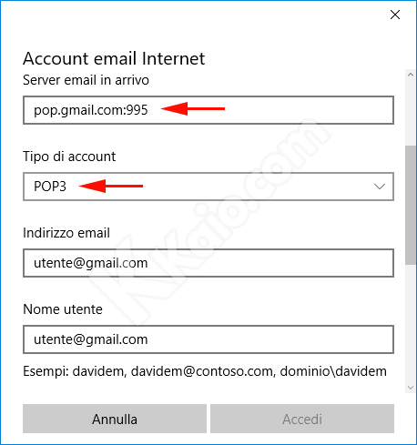Configurazione Gmail POP3 nell'app Posta di Windows 10