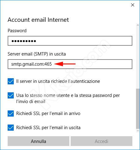 Configurazione Gmail POP3 nell'app Posta di Windows 10