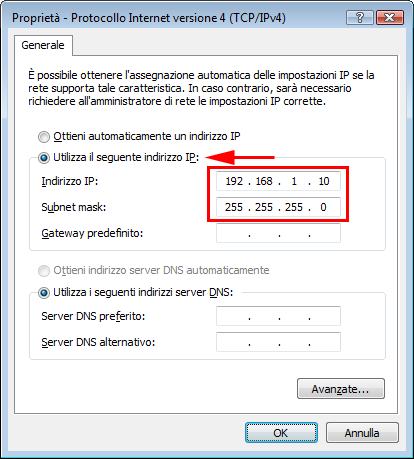 Indirizzo IP Windows Vista