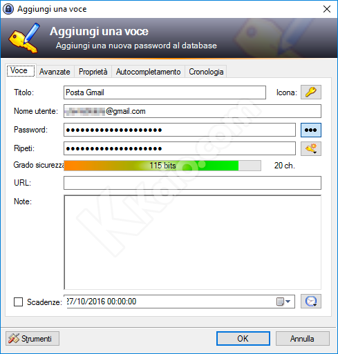 KeePass - inserimento nuova voce