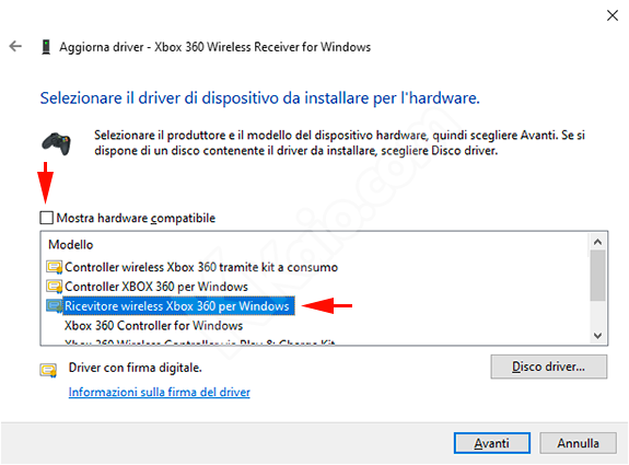 Ricevitore wireless Xbox 360 - Installazione driver Windows 10