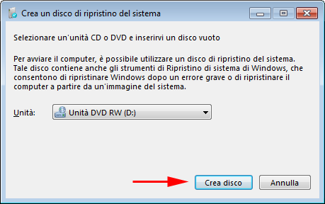 Creazione disco di ripristino