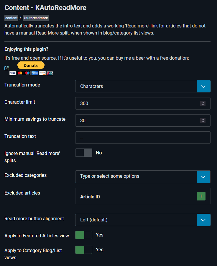 KAutoReadMore configuration panel in Joomla