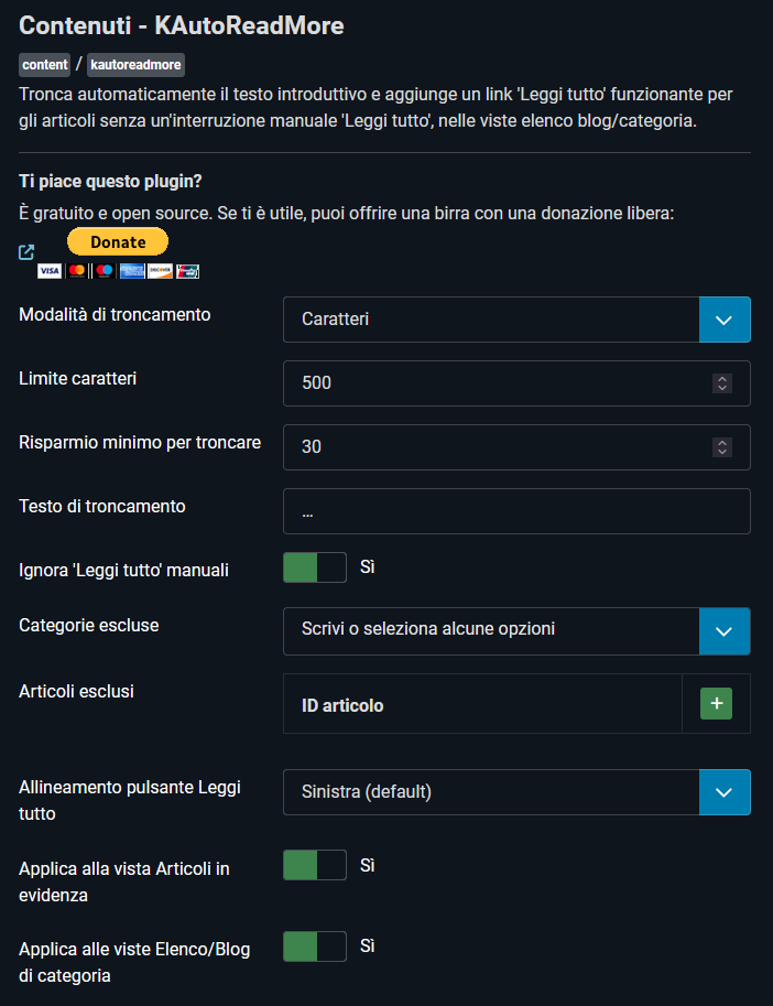 Pannello di configurazione di KAutoReadMore in Joomla