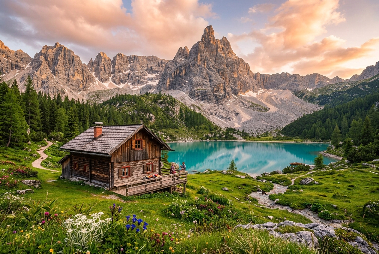 Wooden mountain hut on a green alpine meadow