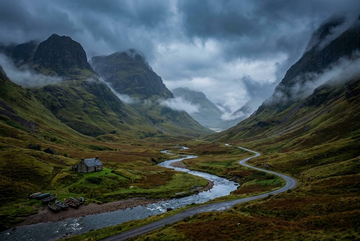 Misty glen with steep green mountains and a winding road