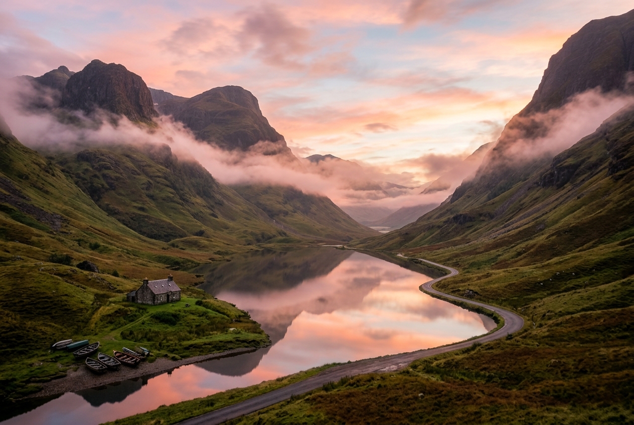Calm loch reflecting clouds at sunset