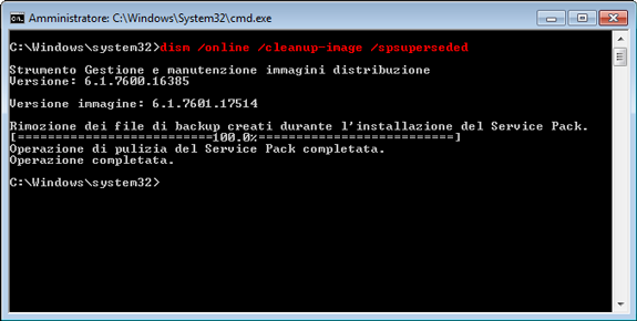 Pulizia file del Service Pack 1 per Windows 7 da prompt dei comandi DOS
